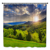 Trees Near Valley In Mountains  At Sunset Bath Decor 68041629