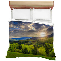 Trees Near Valley In Mountains  At Sunset Bedding 68041629