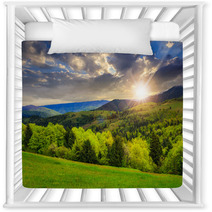 Trees Near Valley In Mountains  At Sunset Nursery Decor 68041629