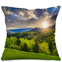 Trees Near Valley In Mountains  At Sunset Pillows 68041629