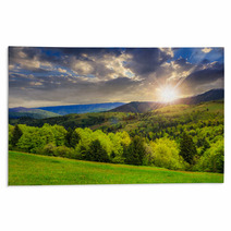 Trees Near Valley In Mountains  At Sunset Rugs 68041629