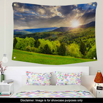 Trees Near Valley In Mountains  At Sunset Wall Art 68041629