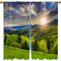 Trees Near Valley In Mountains  At Sunset Window Curtains 68041629