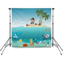 Tropical Island With Cartoon Pirate Boy With Fish And Mermaid Under Water Backdrops 119533553