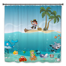 Tropical Island With Cartoon Pirate Boy With Fish And Mermaid Under Water Bath Decor 119533553