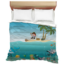 Tropical Island With Cartoon Pirate Boy With Fish And Mermaid Under Water Bedding 119533553