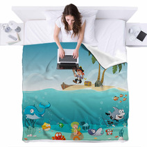 Tropical Island With Cartoon Pirate Boy With Fish And Mermaid Under Water Blankets 119533553