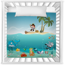 Tropical Island With Cartoon Pirate Boy With Fish And Mermaid Under Water Nursery Decor 119533553