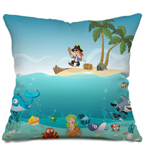 Tropical Island With Cartoon Pirate Boy With Fish And Mermaid Under Water Pillows 119533553