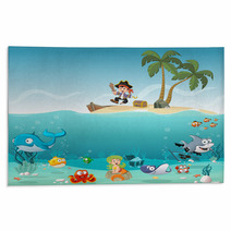 Tropical Island With Cartoon Pirate Boy With Fish And Mermaid Under Water Rugs 119533553