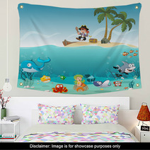 Tropical Island With Cartoon Pirate Boy With Fish And Mermaid Under Water Wall Art 119533553