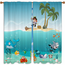 Tropical Island With Cartoon Pirate Boy With Fish And Mermaid Under Water Window Curtains 119533553