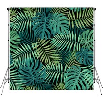 Tropical Leaf Design Featuring Green Palm And Monstera Plant Leaves On A Black Background Seamless Vector Repeating Pattern Backdrops 214016235
