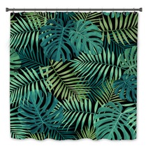 Tropical Leaf Design Featuring Green Palm And Monstera Plant Leaves On A Black Background Seamless Vector Repeating Pattern Bath Decor 214016235