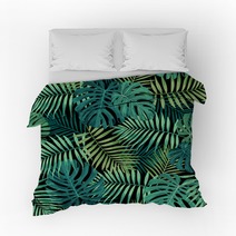 Tropical Leaf Design Featuring Green Palm And Monstera Plant Leaves On A Black Background Seamless Vector Repeating Pattern Bedding 214016235