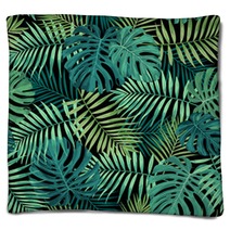 Tropical Leaf Design Featuring Green Palm And Monstera Plant Leaves On A Black Background Seamless Vector Repeating Pattern Blankets 214016235
