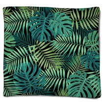 Tropical Leaf Design Featuring Green Palm And Monstera Plant Leaves On A Black Background Seamless Vector Repeating Pattern Blankets 214016235
