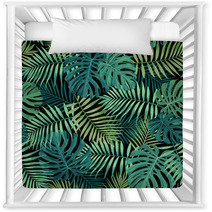 Tropical Leaf Design Featuring Green Palm And Monstera Plant Leaves On A Black Background Seamless Vector Repeating Pattern Nursery Decor 214016235