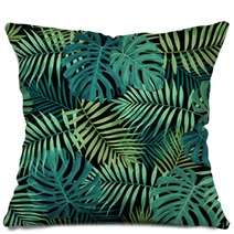 Tropical Leaf Design Featuring Green Palm And Monstera Plant Leaves On A Black Background Seamless Vector Repeating Pattern Pillows 214016235