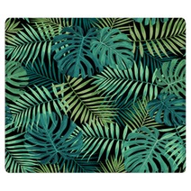 Tropical Leaf Design Featuring Green Palm And Monstera Plant Leaves On A Black Background Seamless Vector Repeating Pattern Rugs 214016235