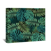 Tropical Leaf Design Featuring Green Palm And Monstera Plant Leaves On A Black Background Seamless Vector Repeating Pattern Wall Art 214016235