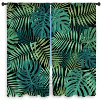 Tropical Leaf Design Featuring Green Palm And Monstera Plant Leaves On A Black Background Seamless Vector Repeating Pattern Window Curtains 214016235