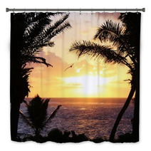 Tropical Palm Tree Sunset With Pelican Flying Bath Decor 64421673