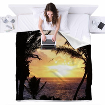 Tropical Palm Tree Sunset With Pelican Flying Blankets 64421673