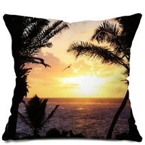 Tropical Palm Tree Sunset With Pelican Flying Pillows 64421673