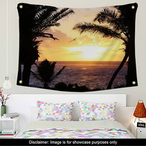 Tropical Palm Tree Sunset With Pelican Flying Wall Art 64421673