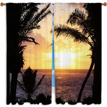 Tropical Palm Tree Sunset With Pelican Flying Window Curtains 64421673