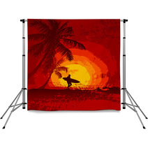 Tropical Sunset, Surfer, Palm Trees Backdrops 57027339
