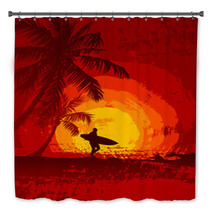 Tropical Sunset, Surfer, Palm Trees Bath Decor 57027339