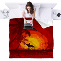 Tropical Sunset, Surfer, Palm Trees Blankets 57027339