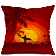 Tropical Sunset, Surfer, Palm Trees Pillows 57027339