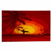 Tropical Sunset, Surfer, Palm Trees Rugs 57027339