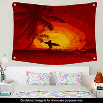 Tropical Sunset, Surfer, Palm Trees Wall Art 57027339