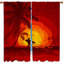 Tropical Sunset, Surfer, Palm Trees Window Curtains 57027339