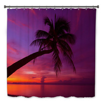 Tropical Sunset With Palm Tree Silhoette At Beach Bath Decor 47718087