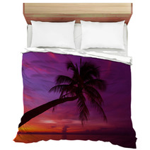 Tropical Sunset With Palm Tree Silhoette At Beach Bedding 47718087