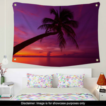 Tropical Sunset With Palm Tree Silhoette At Beach Wall Art 47718087