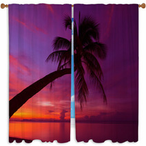 Tropical Sunset With Palm Tree Silhoette At Beach Window Curtains 47718087