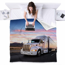 Truck And Highway At Sunset - Transportation Background Blankets 58453165