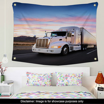 Truck And Highway At Sunset - Transportation Background Wall Art 58453165