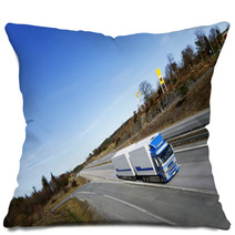 Truck Driving On Scenic Highway, Elevated View Pillows 63727003