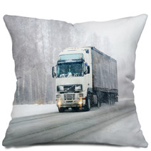 Truck Goes On Winter Road Pillows 40699442