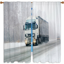 Truck Goes On Winter Road Window Curtains 40699442