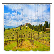 Tuscany, Vineyard, Cypress Trees And Village. Rural Landscape, I Bath Decor 65100470