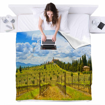 Tuscany, Vineyard, Cypress Trees And Village. Rural Landscape, I Blankets 65100470