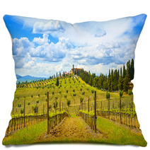 Tuscany, Vineyard, Cypress Trees And Village. Rural Landscape, I Pillows 65100470